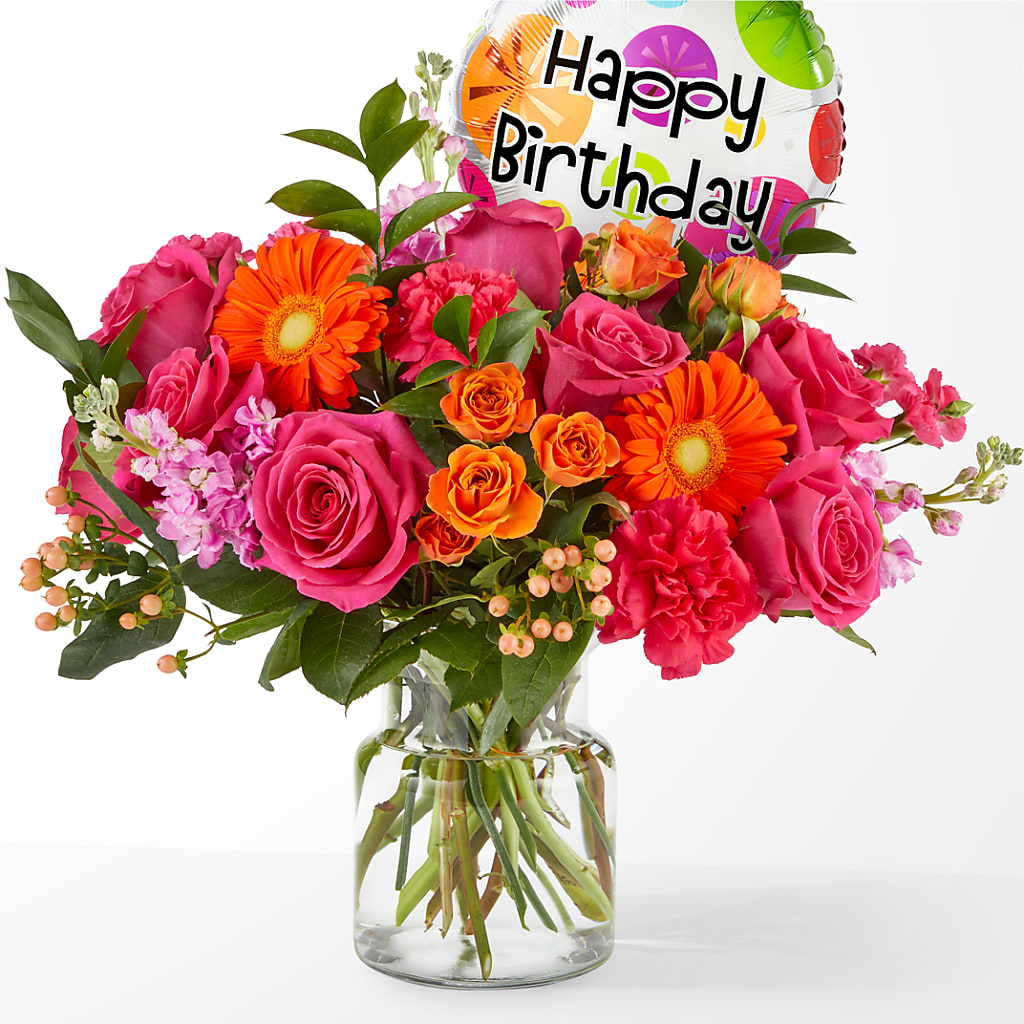 Fiesta Bouquet with Birthday Balloon – HOLLOW TREE GIFTS & FLORAL LLC, Cascade IA