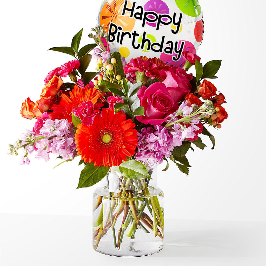 Fiesta Bouquet with Birthday Balloon – HOLLOW TREE GIFTS & FLORAL LLC, Cascade IA