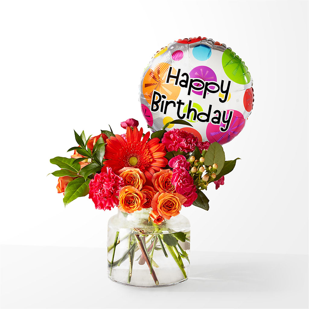 Fiesta Bouquet with Birthday Balloon – HOLLOW TREE GIFTS & FLORAL LLC, Cascade IA