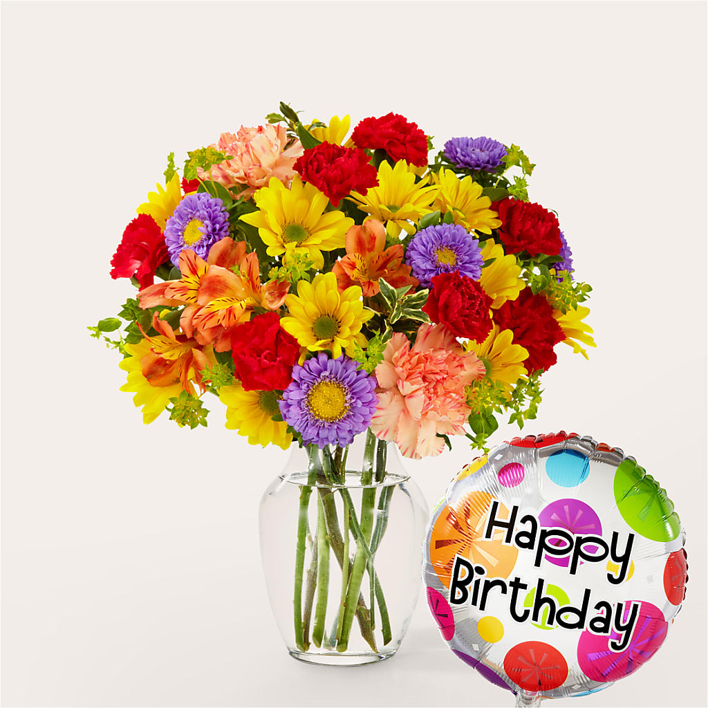 Kaleidoscope Bouquet with Birthday Balloon – HOLLOW TREE GIFTS & FLORAL LLC, Cascade IA