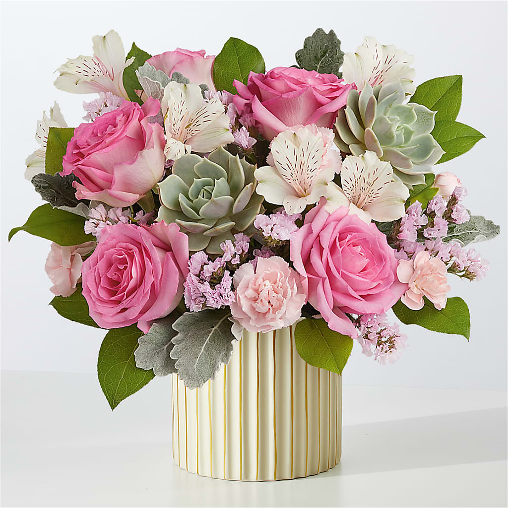 Dusty Rose Bouquet with Ivory Vase – HOLLOW TREE GIFTS & FLORAL LLC, Cascade IA