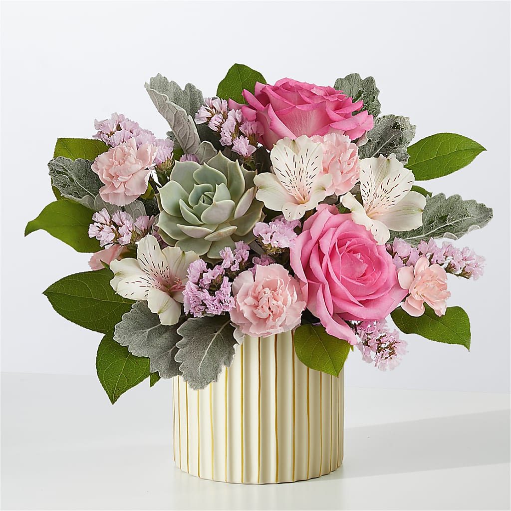 Dusty Rose Bouquet with Ivory Vase – HOLLOW TREE GIFTS & FLORAL LLC, Cascade IA