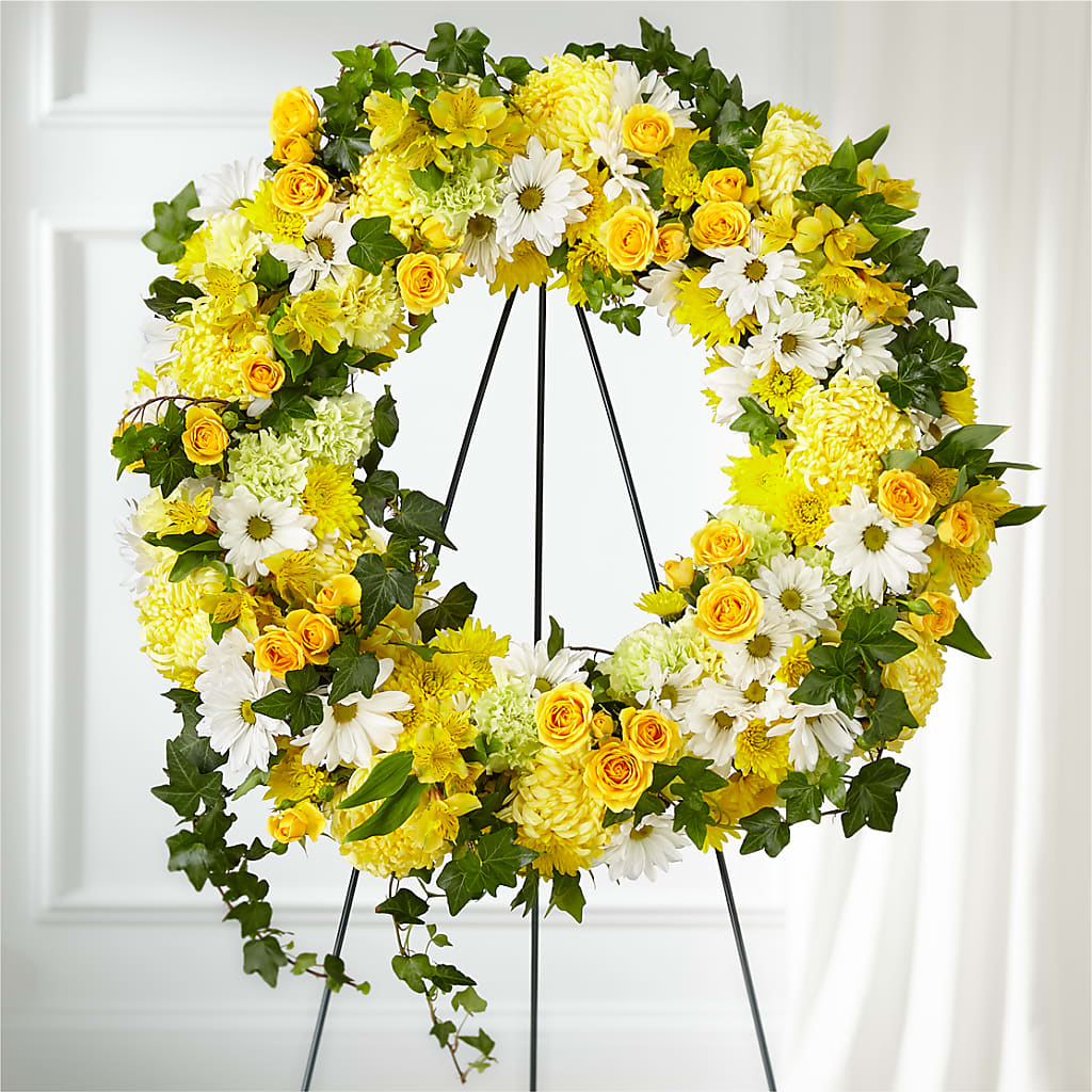 Golden Remembrance Wreath – HOLLOW TREE GIFTS & FLORAL LLC, Cascade IA