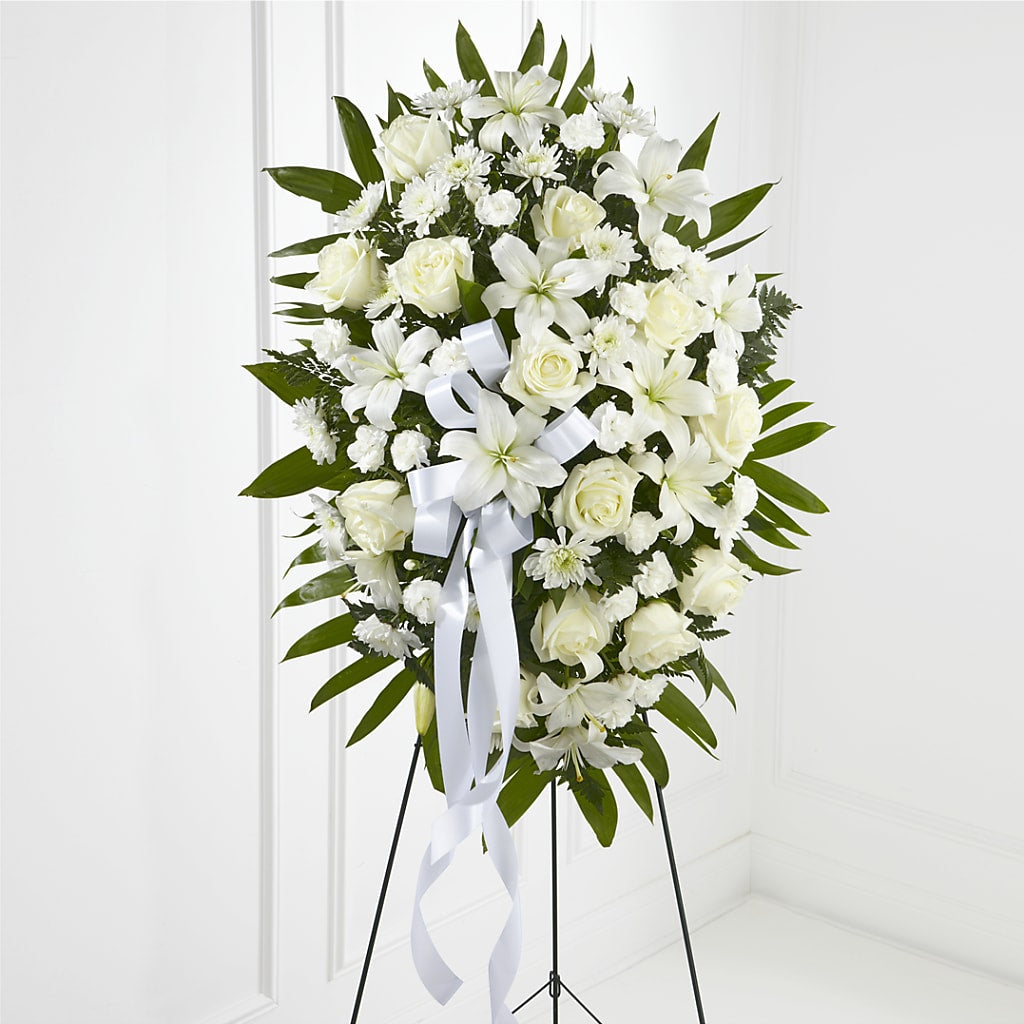 Exquisite Tribute Standing Spray-White Ribbon – HOLLOW TREE GIFTS & FLORAL LLC, Cascade IA