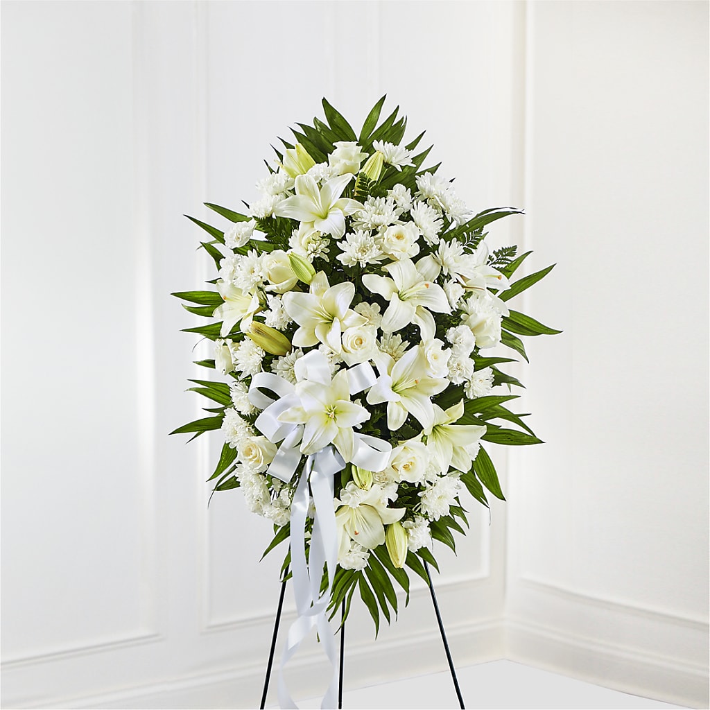 Exquisite Tribute Standing Spray-White Ribbon – HOLLOW TREE GIFTS & FLORAL LLC, Cascade IA
