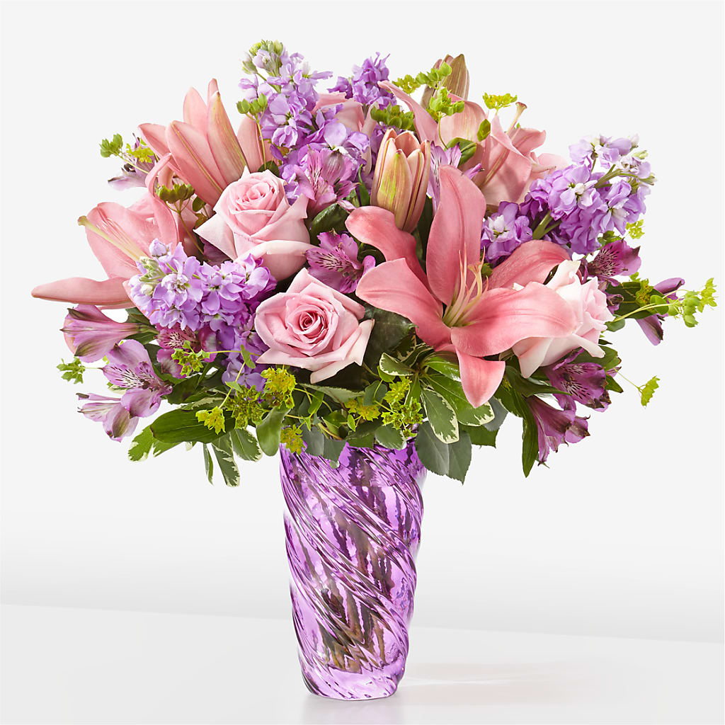 Precious Petals Bouquet with Luxe Swirl Vase – HOLLOW TREE GIFTS & FLORAL LLC, Cascade IA