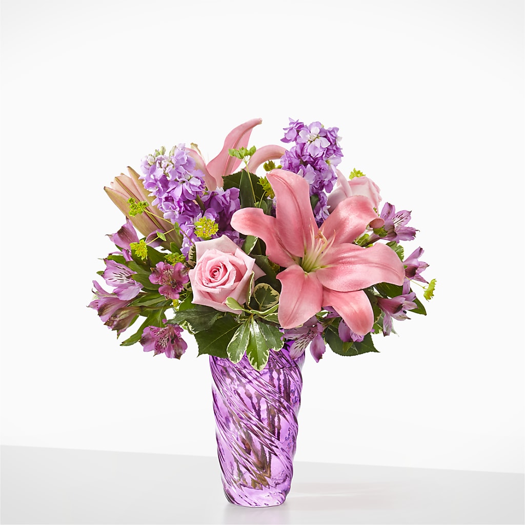 Precious Petals Bouquet with Luxe Swirl Vase – HOLLOW TREE GIFTS & FLORAL LLC, Cascade IA