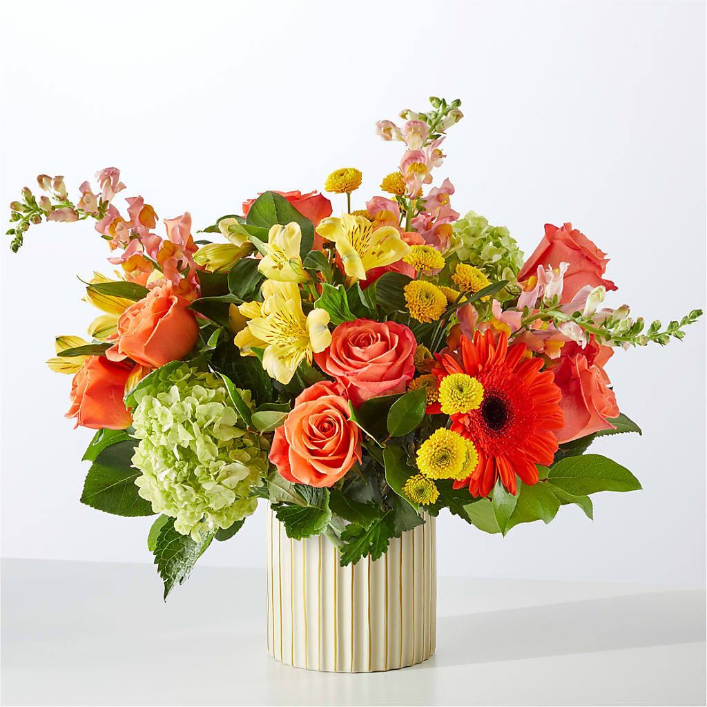 Autumn Sunshine Bouquet with Ivory Vase – HOLLOW TREE GIFTS & FLORAL LLC, Cascade IA