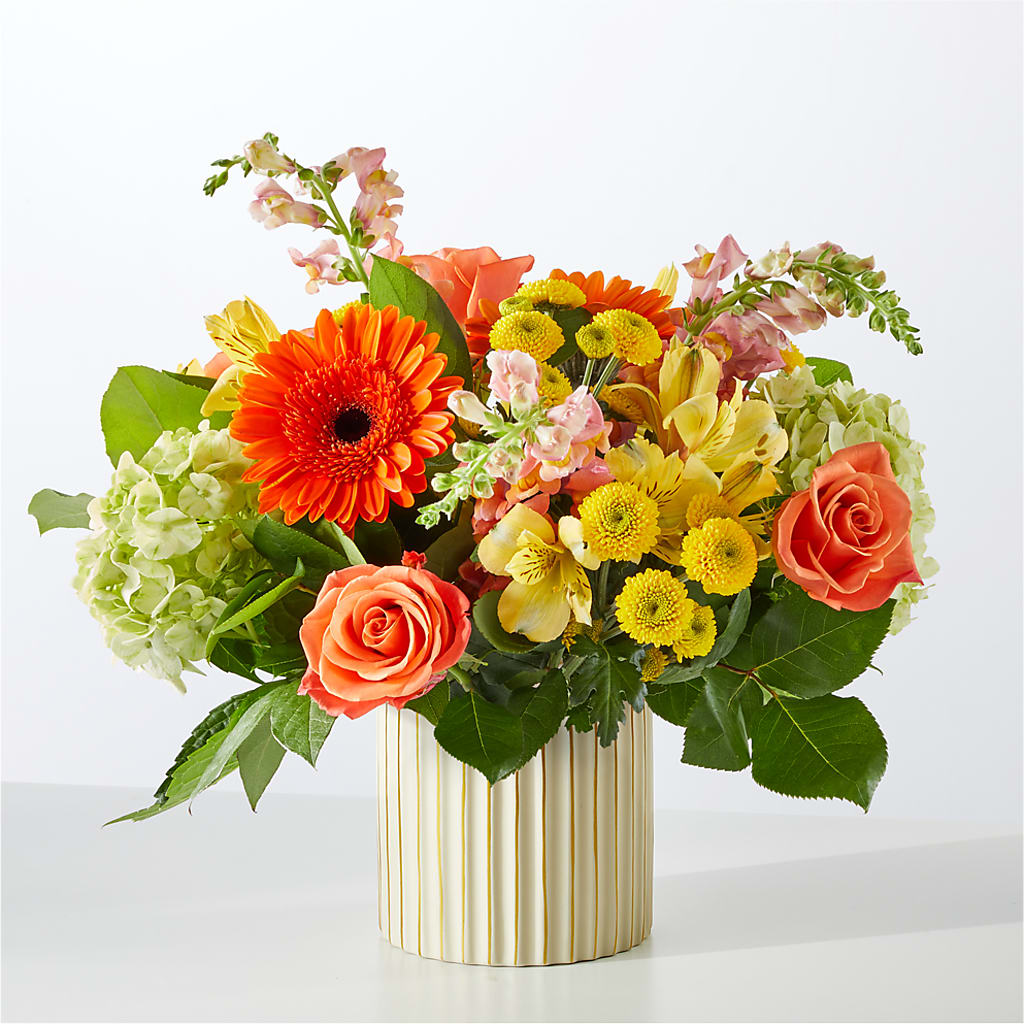 Autumn Sunshine Bouquet with Ivory Vase – HOLLOW TREE GIFTS & FLORAL LLC, Cascade IA